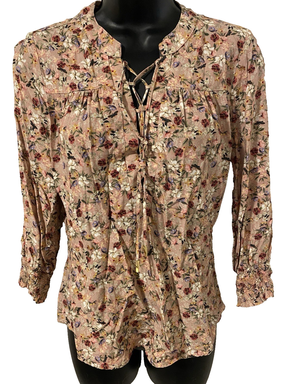 Studio F Floral Blouse Womens Size XXS Ruched Sleeves Boho Fairy Cottage Core